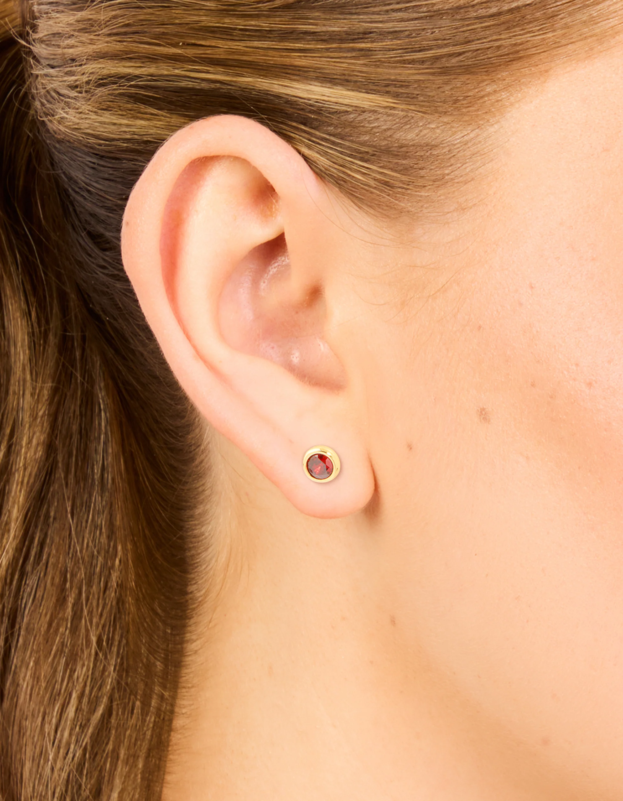 Waterproof Gold Plated Stainless Steel Cubic Zirconia July Birthstone Bezel Set Stud Earrings