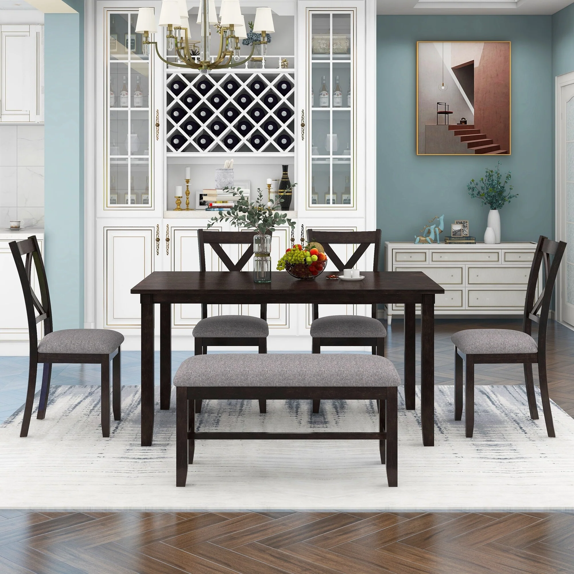 Espresso Traditional 6-Piece Wooden Dining Table Set with 4 Upholstered Chairs and Bench
