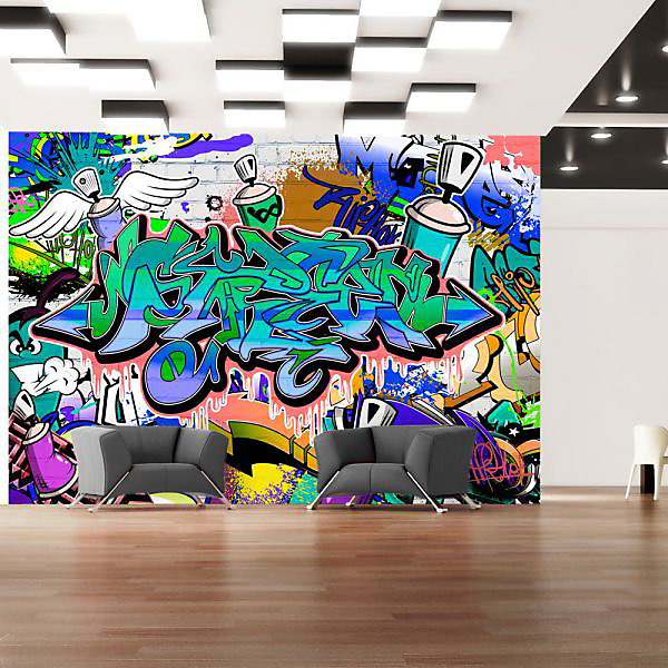 Papier peint intissé panoramique street art graffiti: motif bleu 200x140 cm