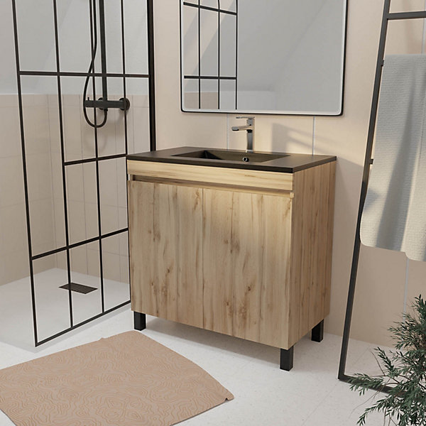 Ensemble sous vasque à poser effet chêne naturel 2 portes   vasque noire, l.80 cm, Galedo Timber
