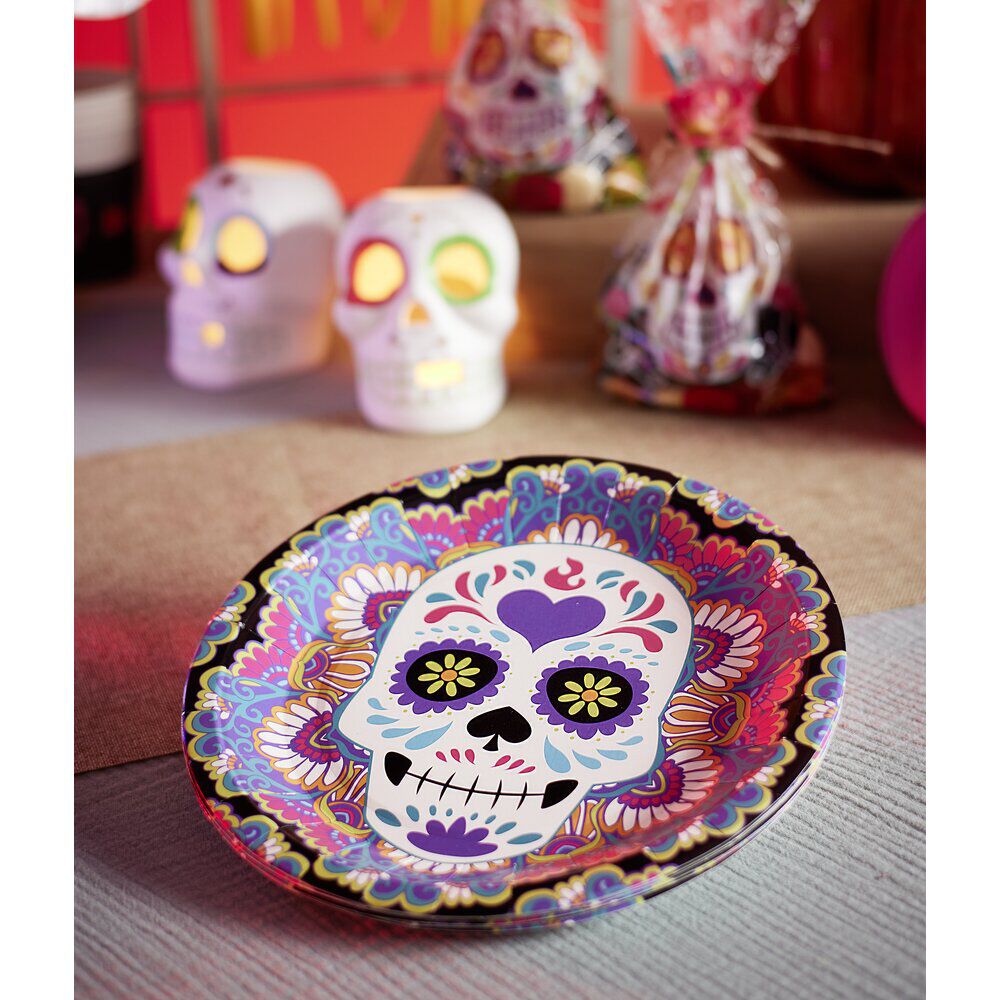 Lot de 8 assiettes en carton Ø23cm design Dia de los Muertos