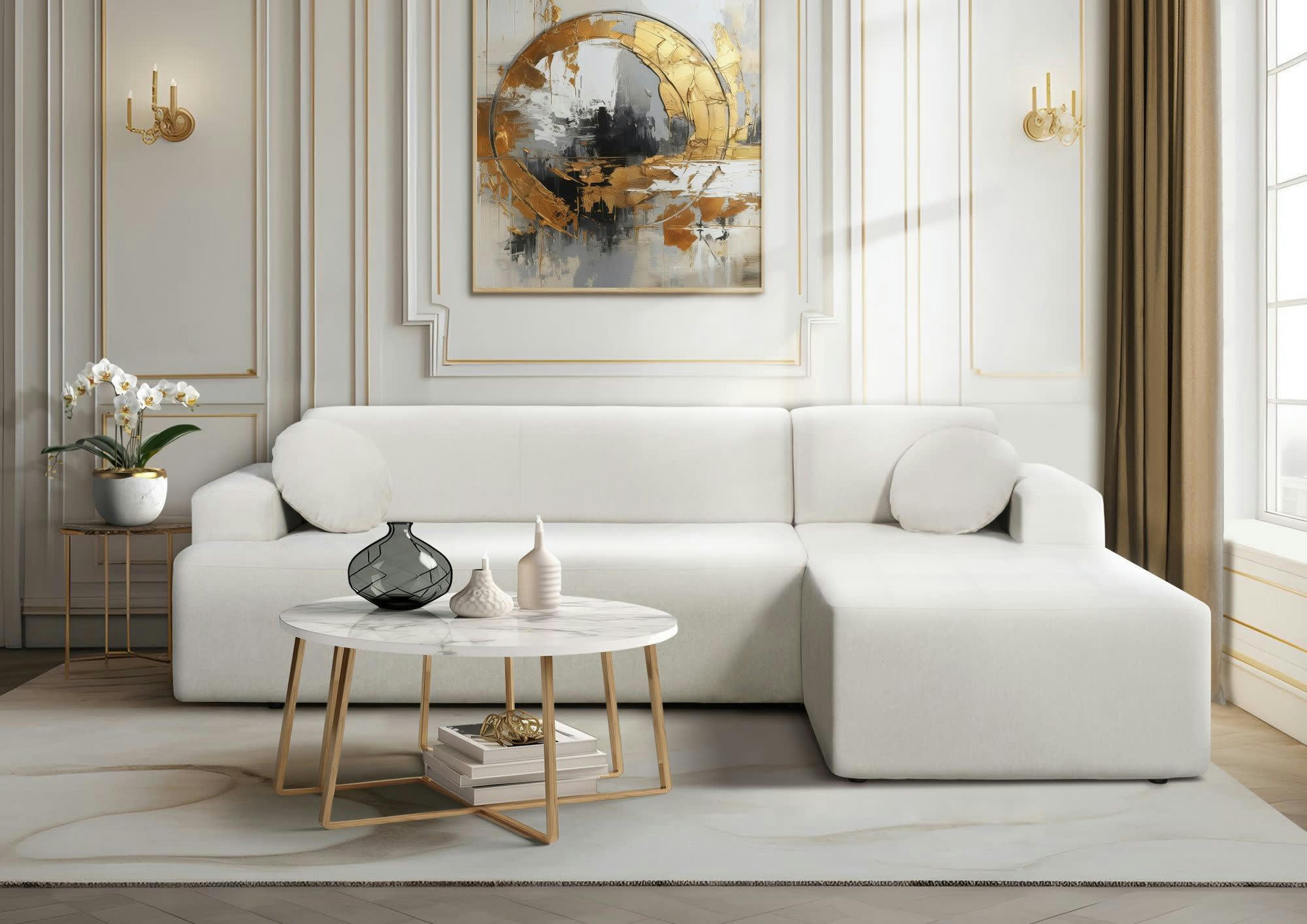 GALA - Canapé angle fixe 3 places  en tissu beige