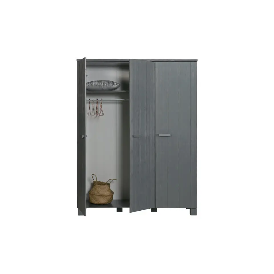 WOOOD Dennis 3 deurs Kast Grenen Geborsteld - Staal Grijs 202x158x55