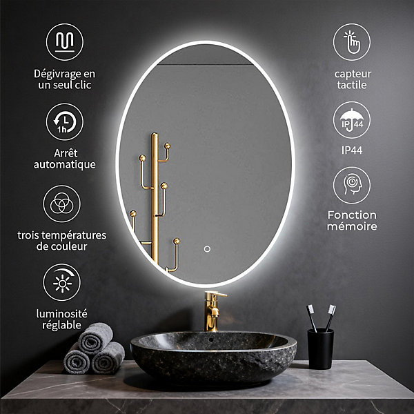 Miroir ovale LED 50x70 cm lumière dimmable 2700-6000K, zone anti-buée et minuterie 60 min
