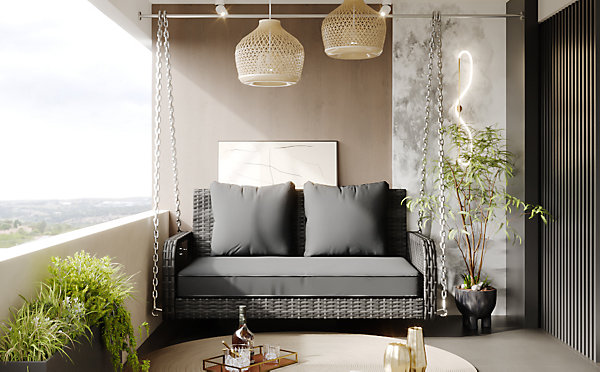 Banc balançoire de jardin 2 places, salon d'extérieur en rotin gris avec coussins de siège et dossier gris, amovibles et lavables