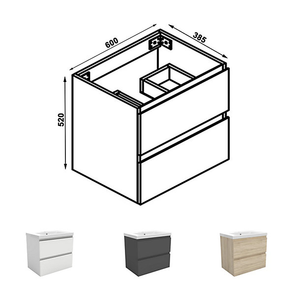 Meuble de salle de bain chêne 60cm, suspendu avec 2 tiroirs
