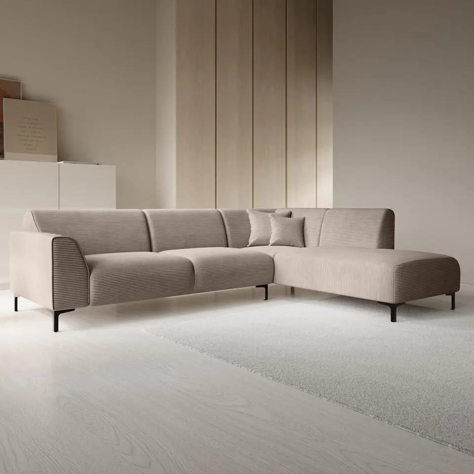 Meubella - Moana - Hoekbank 4-zits met chaise longue - Ribstof bruin - Rechts