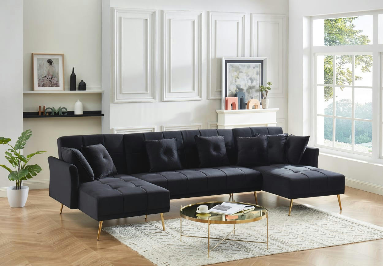 AROMA - Canapé panoramique convertible en velours 6 places noir