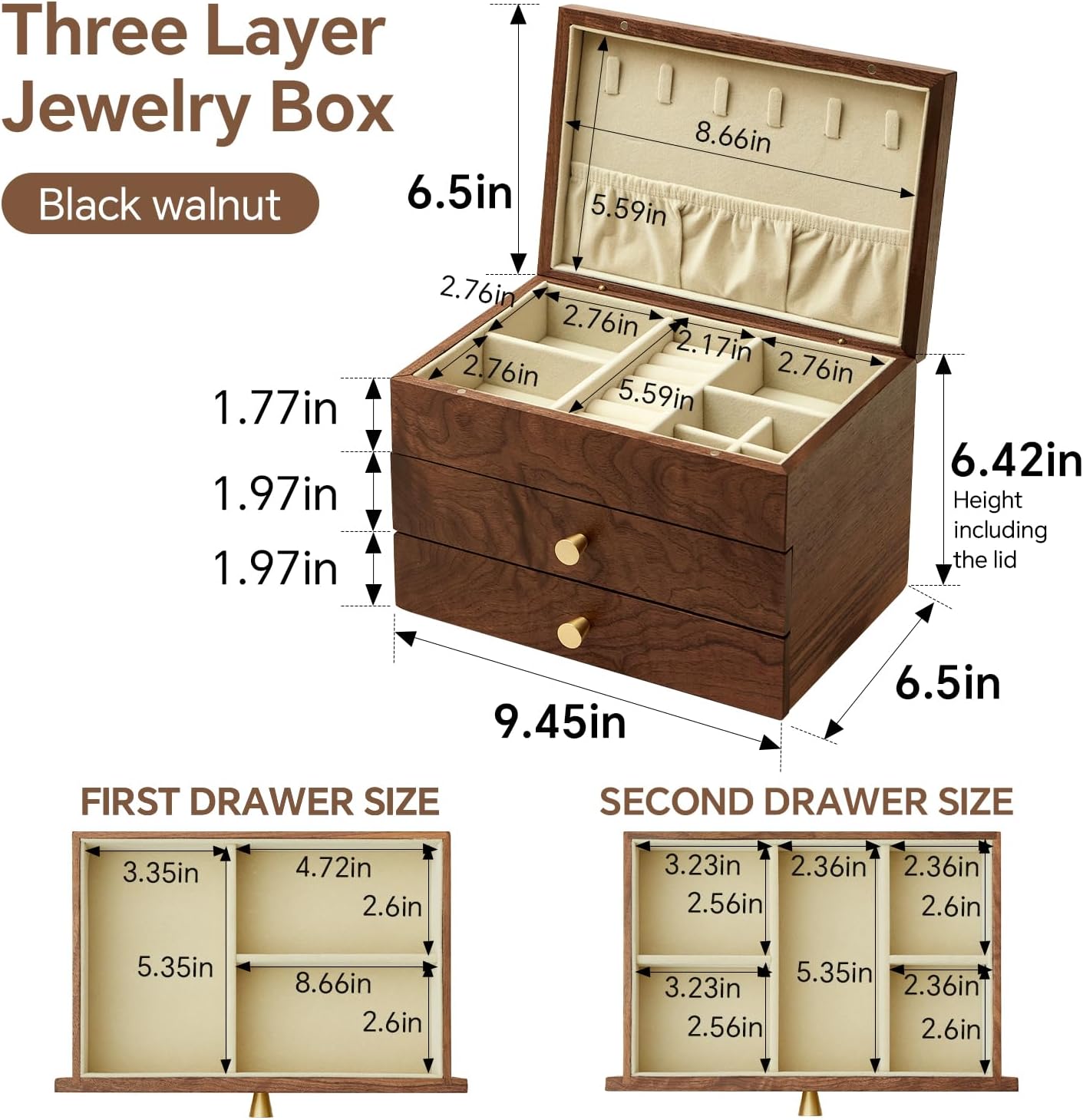 Jewelry Box Organizer for Women & Men, Black Walnut 3 Layer Wooden Jewelry Box with Velvet Lining, Earring & Ring Organizer, Large Capacity Drawer Design for Necklaces, Bracelets (3 layers)