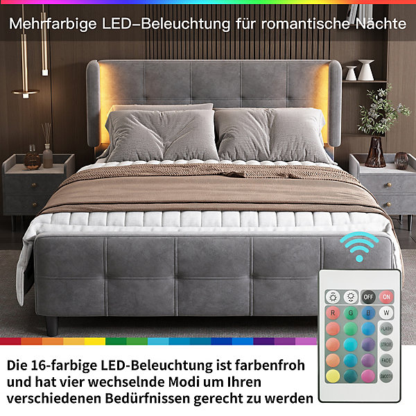 Lit Double 140x200 cm - Lit Capitonné avec Bandes LED 16 s - Sans Matelas - Velours Gris