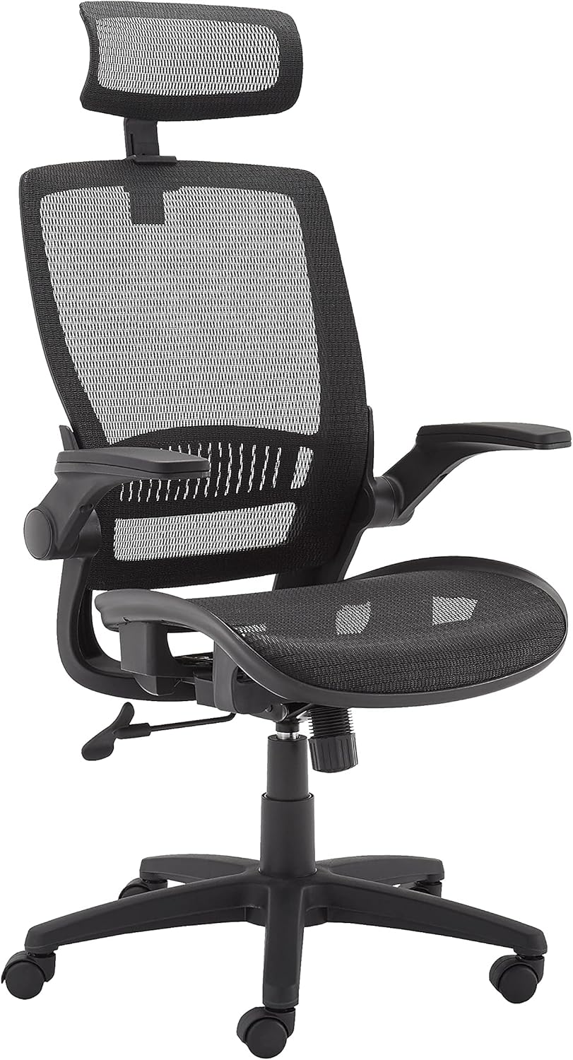 Amazon Basics Ergonomic High-Back Office Chair, Breathable Mesh, 360° Swivel, Easy to Assemble, Comfortable Flip-Up Armrests, 25.5D x 26.25W x 49.25H, Black