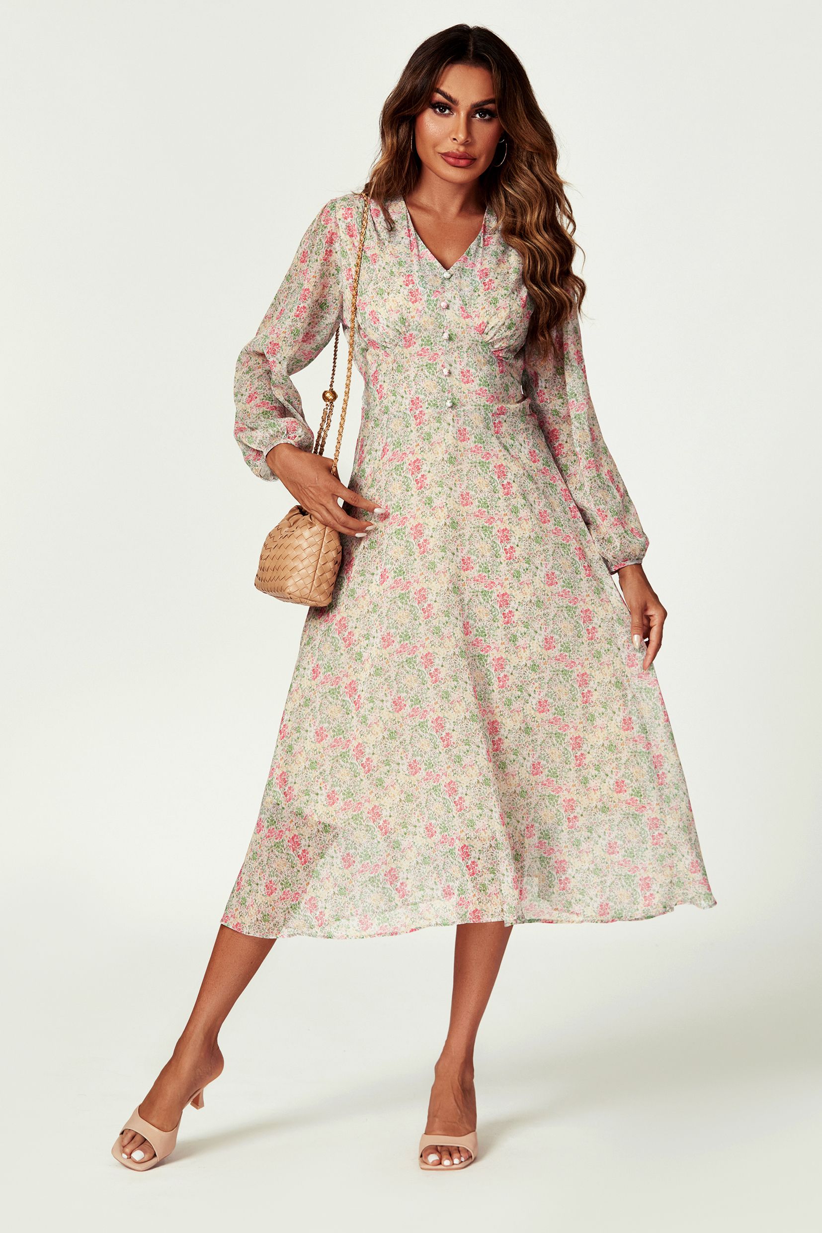 FS Collection Floral Print Long Sleeve Midi Dress In Multi