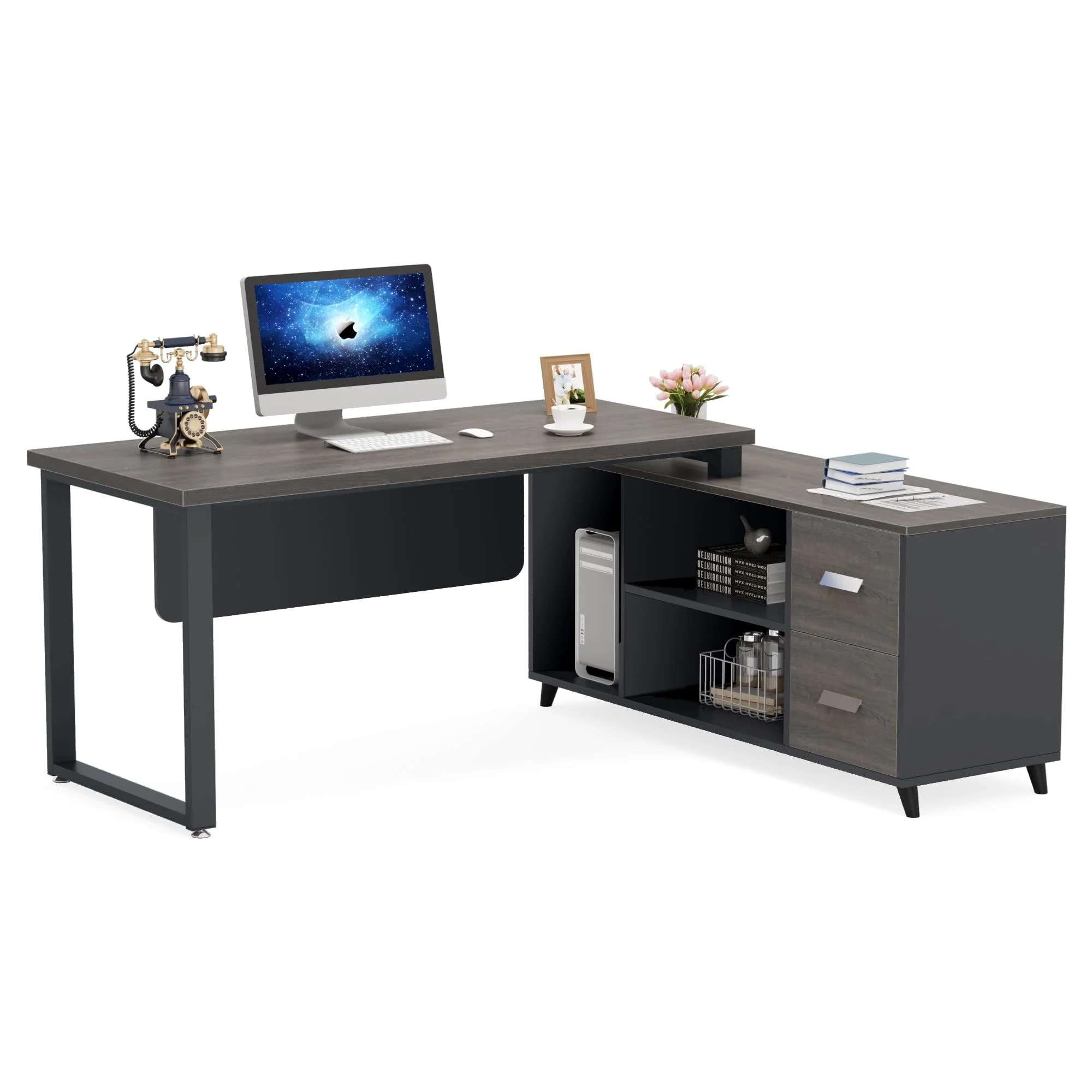 55 L Shaped Desk Executive Office Desk with 2 Drawers and Cabinet