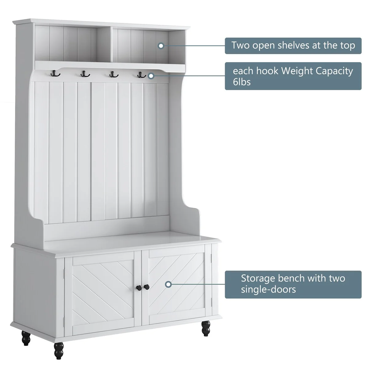 Hall Tree with 4 Hooks , Coat Hanger, Entryway Bench, Storage Bench, 3-in-1 Design