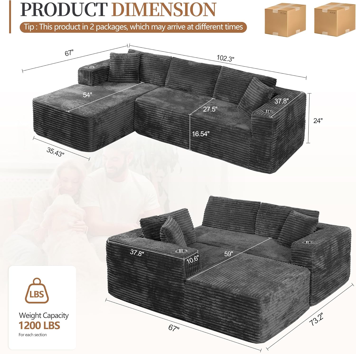 Vongrasig 103 Boneless Couches for Living Room,Sectional Couches Modular Sofa with L-Shaped Chaise, Memory Foam Comfy Cloud Couch with Plush Corduroy Fabric, No Assembly Required, Dark Grey