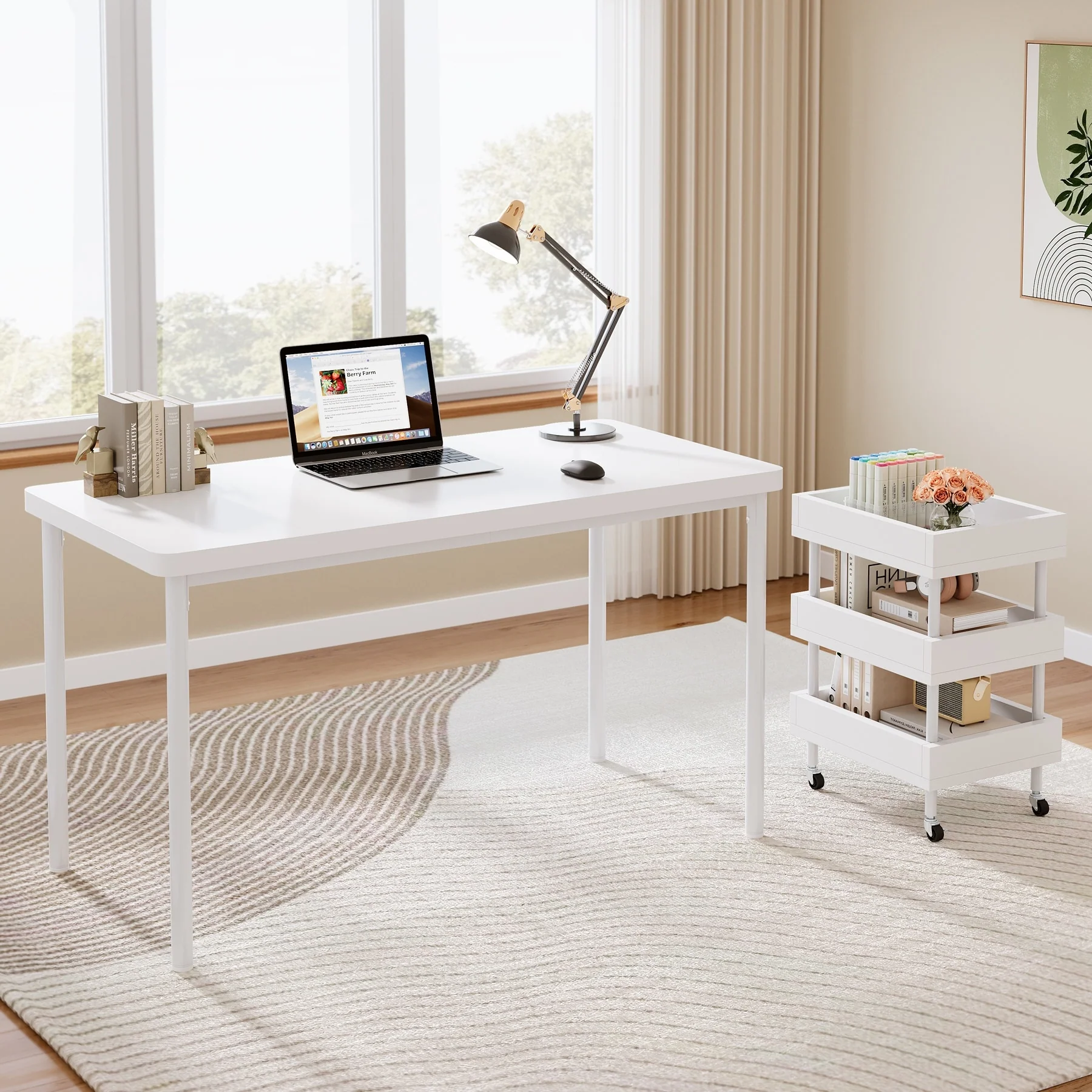 47-Inch Computer Desk, Modern White Study Table Writing Desk with 3 Tier Wood Storage Cart for Home Office