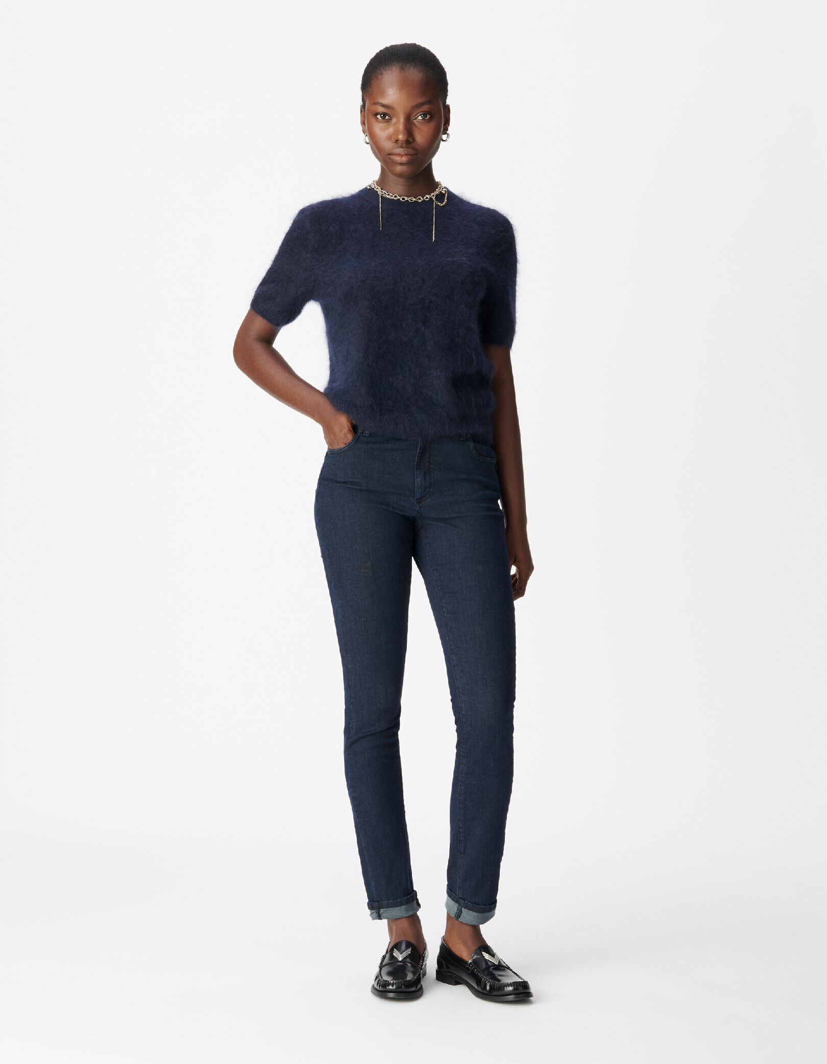 Pull col rond marine tricot cachemire brossé Femme
