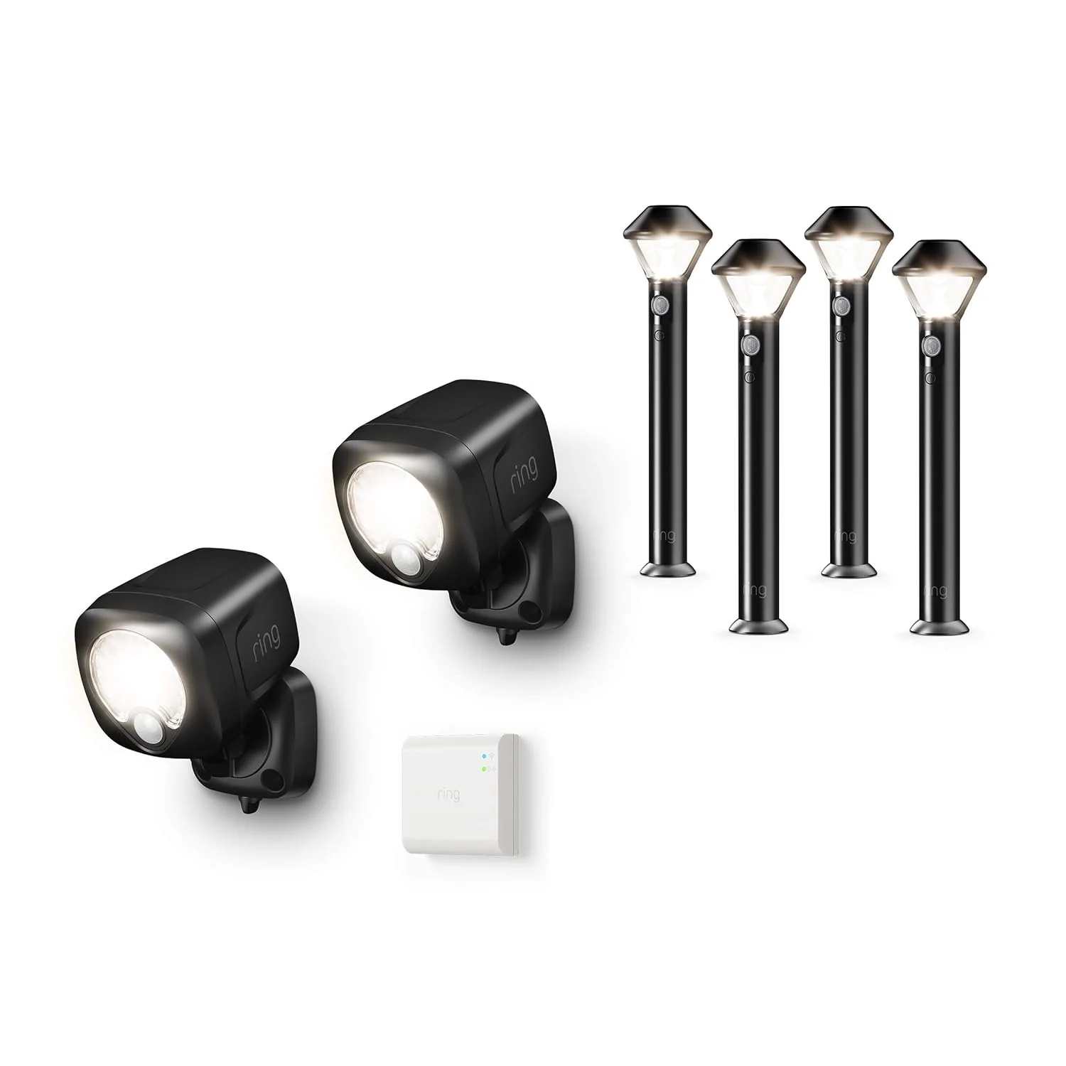 Ring Smart Lighting �C Spotlight, Battery-Powered, Outdoor Motion-Sensor Security Light, White (Starter Kit: 2-pack) �C Bundle with 4 Pathlights(Black/2 Spotlights + 4 Pathlights + Bridge)