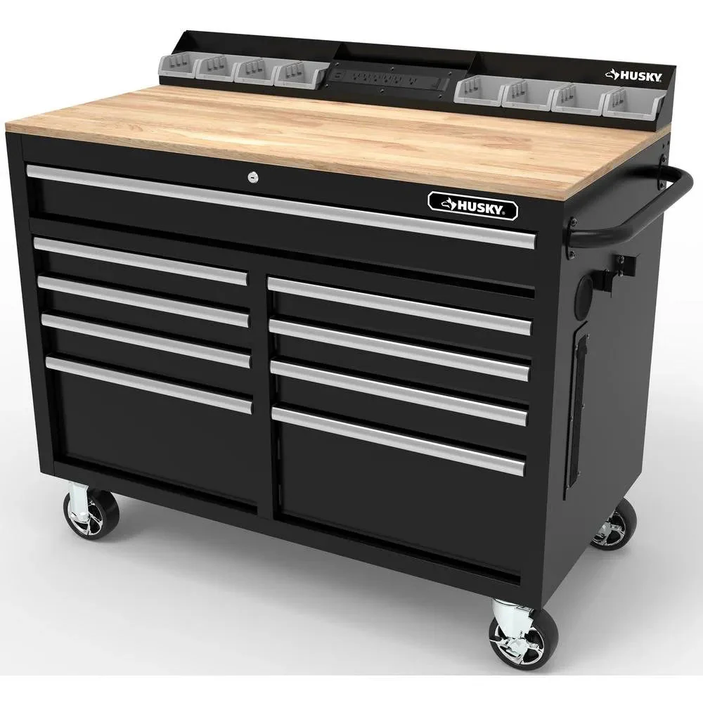 46-in W x 24.5-in D 9-Drawer Mobile Workbench with Hardwood Top and Power Station  Gloss Black