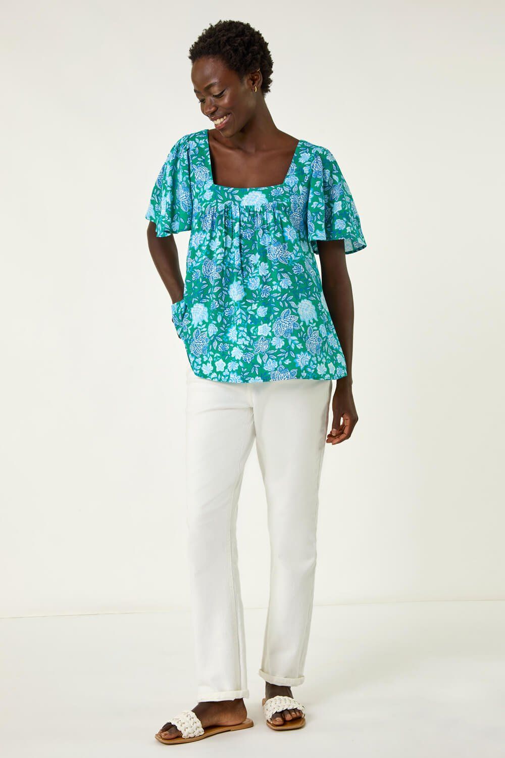 Roman Floral Print Square Neck Top