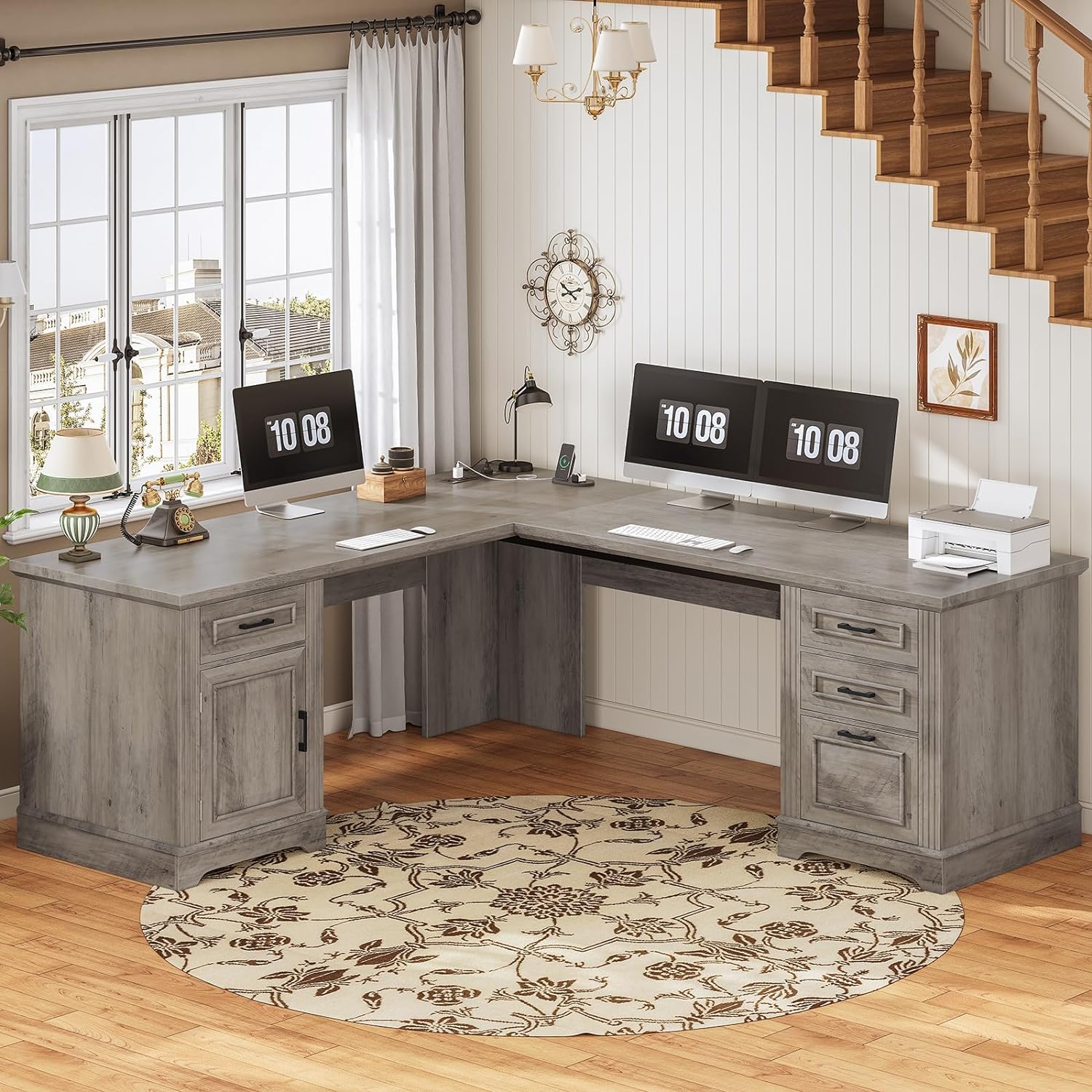 SEDETA 69 L Shaped Desk with Drawers and Storage, Farmhouse Computer Desk with File Drawers and Power Outlet, Corner Executive Desk with Storage Cabinet for Home Office, Grey