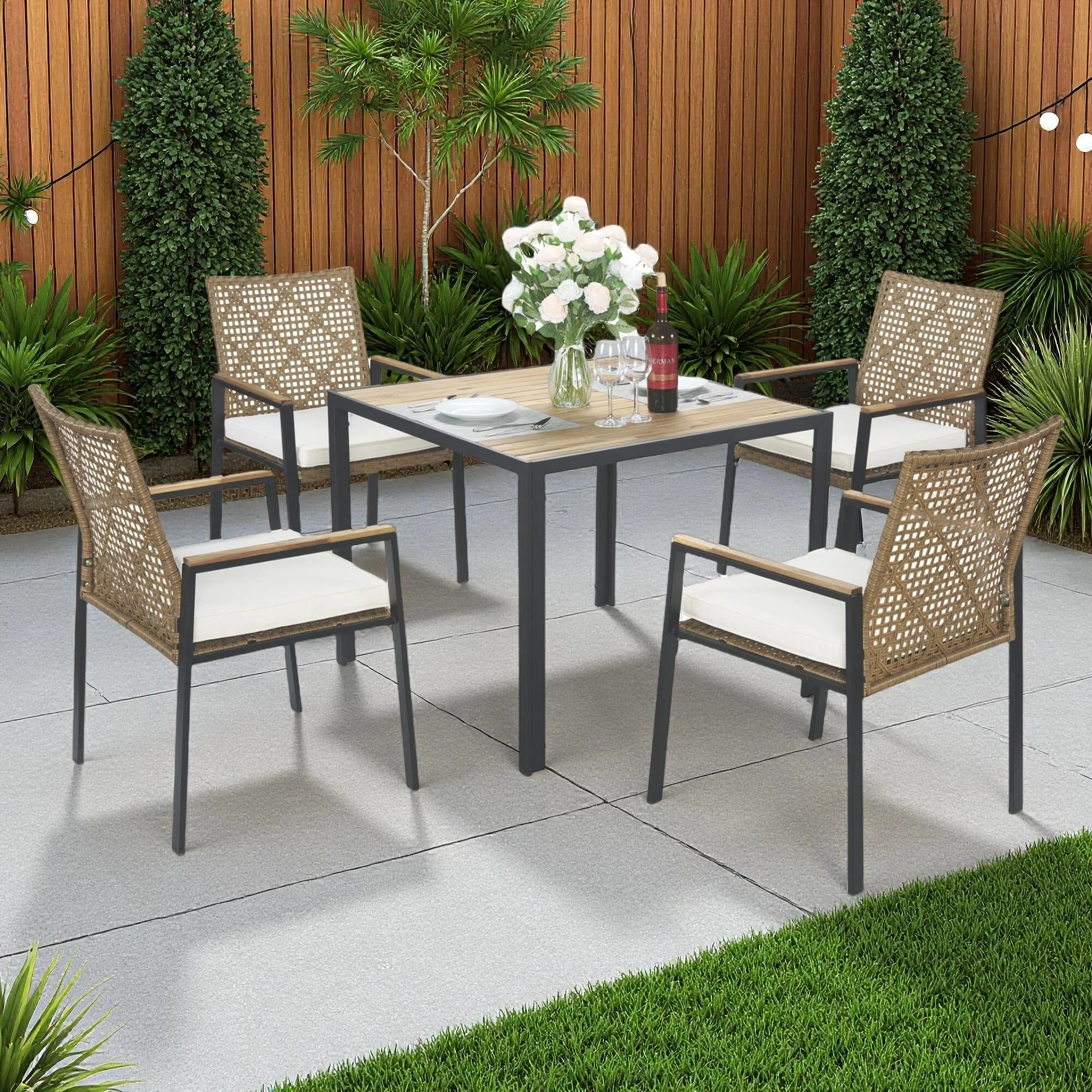 5-Piece Outdoor Patio Rattan Dining Set with Stackable Chairs, 35 Acacia Wood Table Top with Umbrella Hole