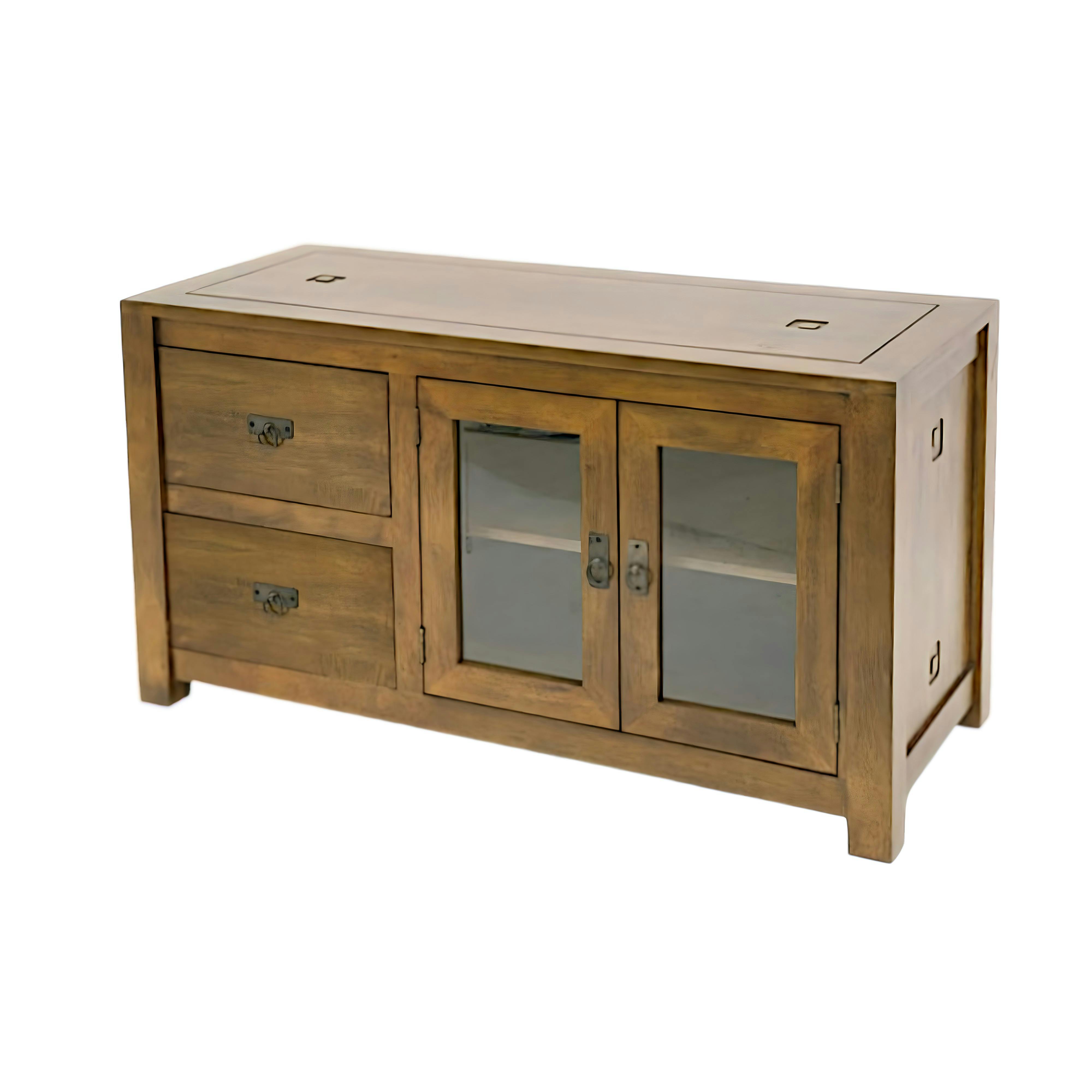 Buffet bas Hévéa 2 portes vitrées, 2 tiroirs 120x50x65cm TESSA