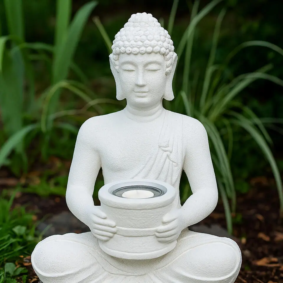 Boeddha beeldje - Solar lamp - wit - polystone tuindecoratie - 28 cm