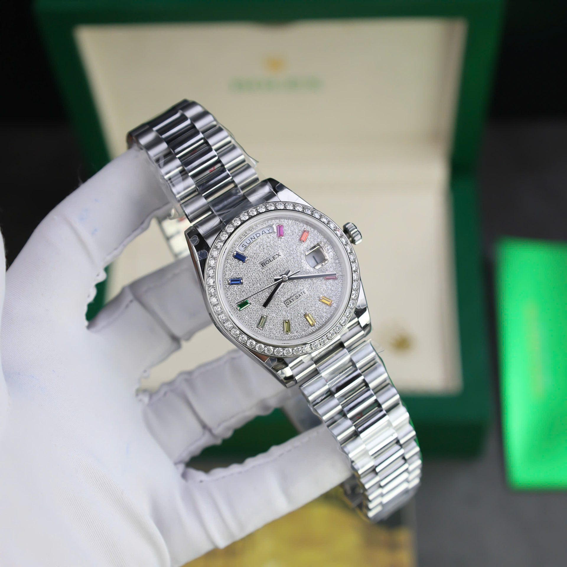Rolex Day-Date 904L Steel Rainbow Pave Diamond Dial 40mm Super Clone