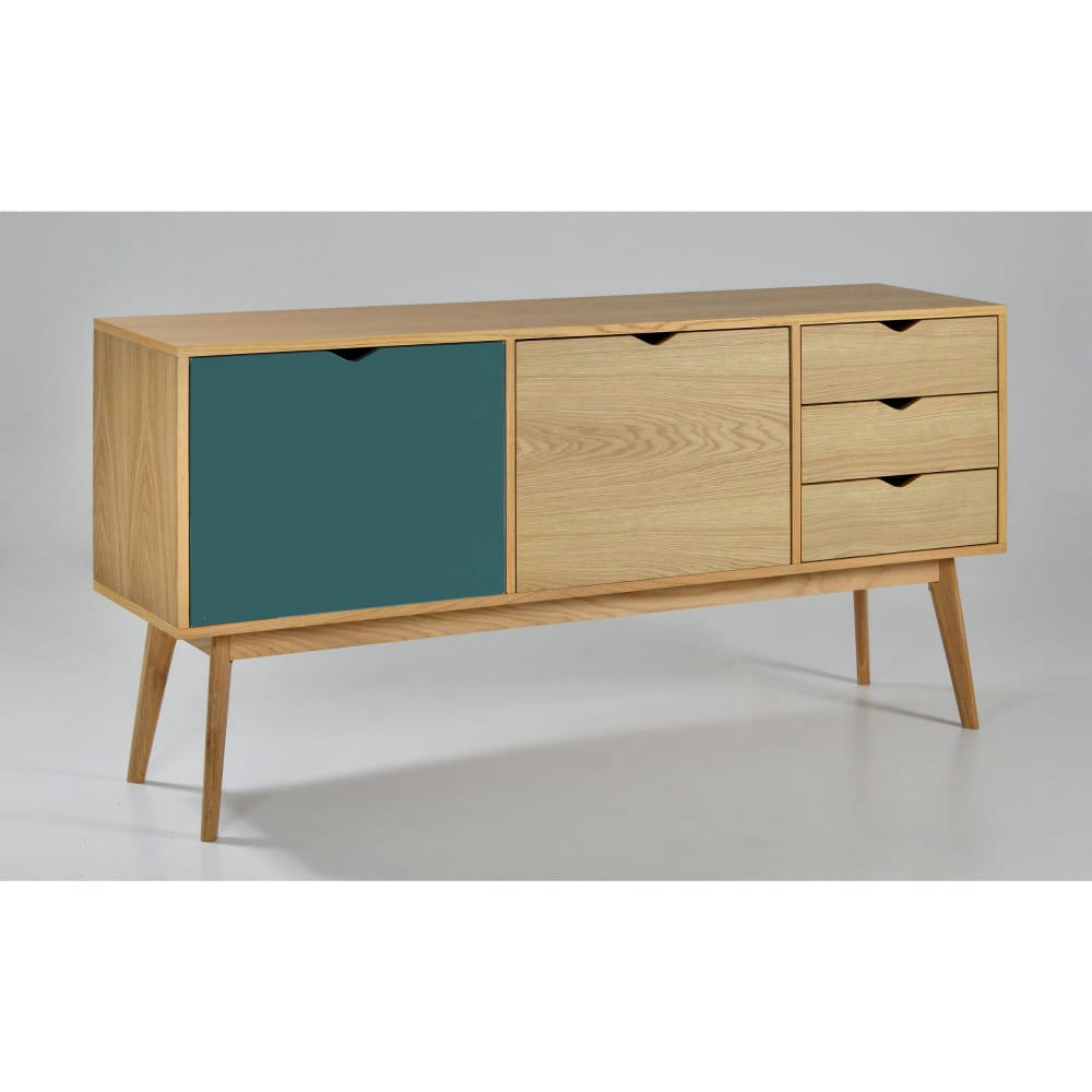 STRÖM - Buffet design 2 portes 3 tiroirs chêne porte vert eucalyptus