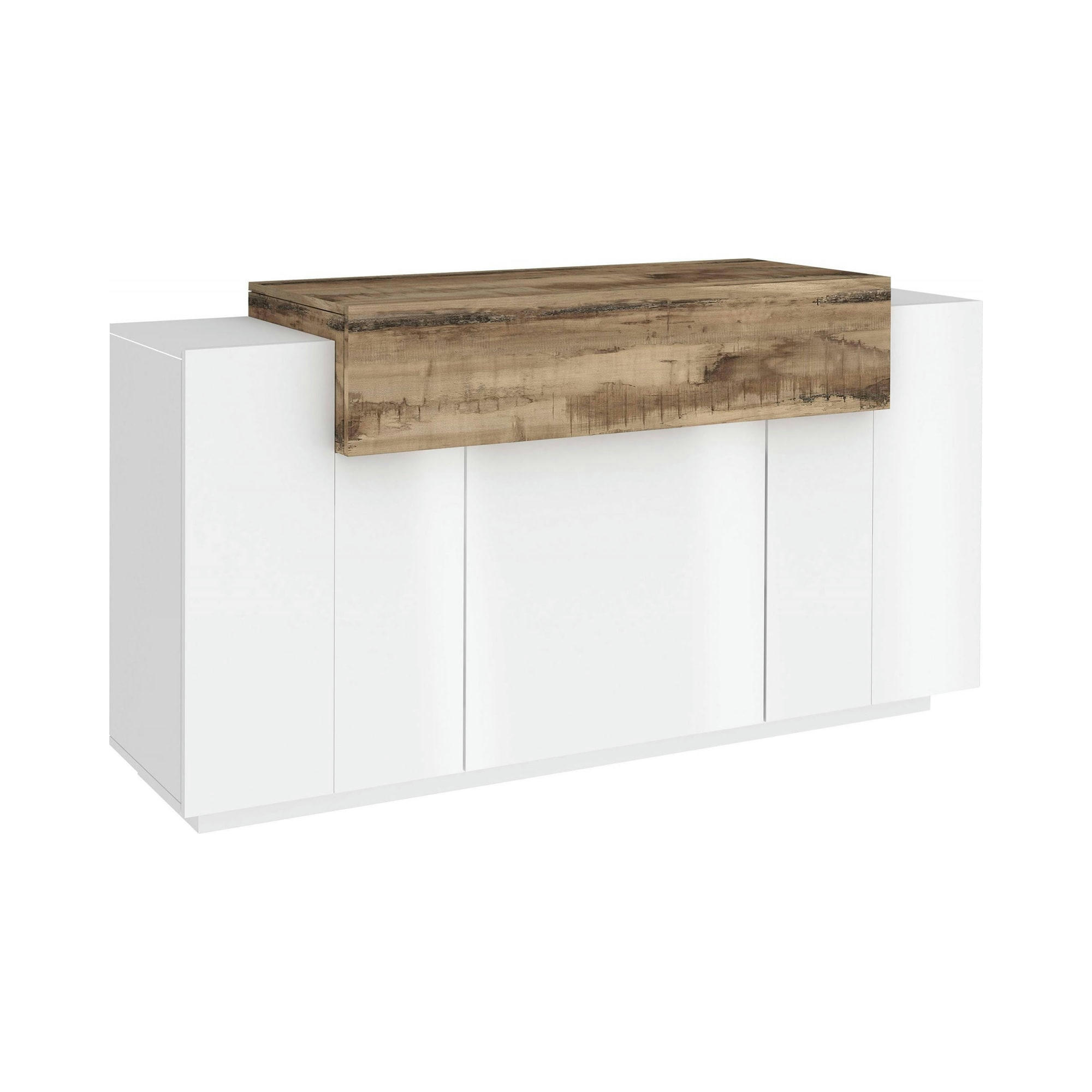 RENZO - Buffet avec 4 portes effet bois blanc brillant et érable