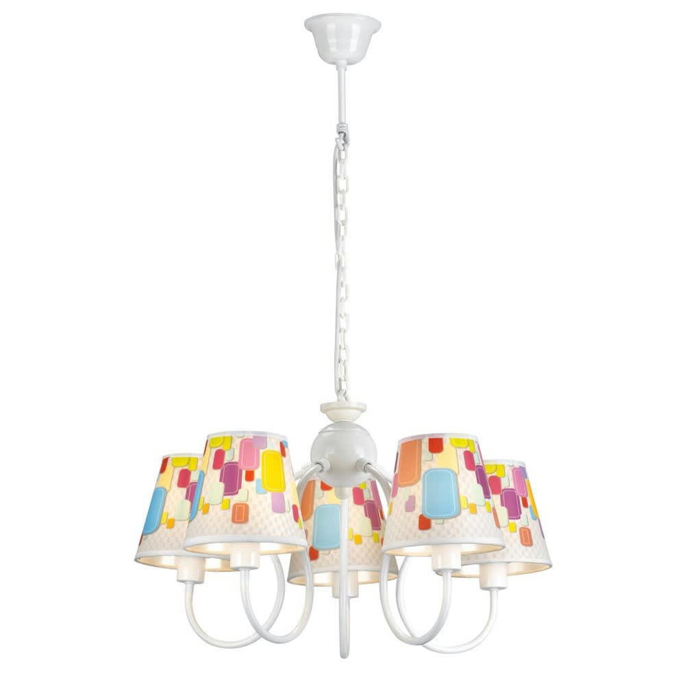 CARAMELOS - Lustre enfant 5 lumières blanc et abat-jour multicolores de bonbons