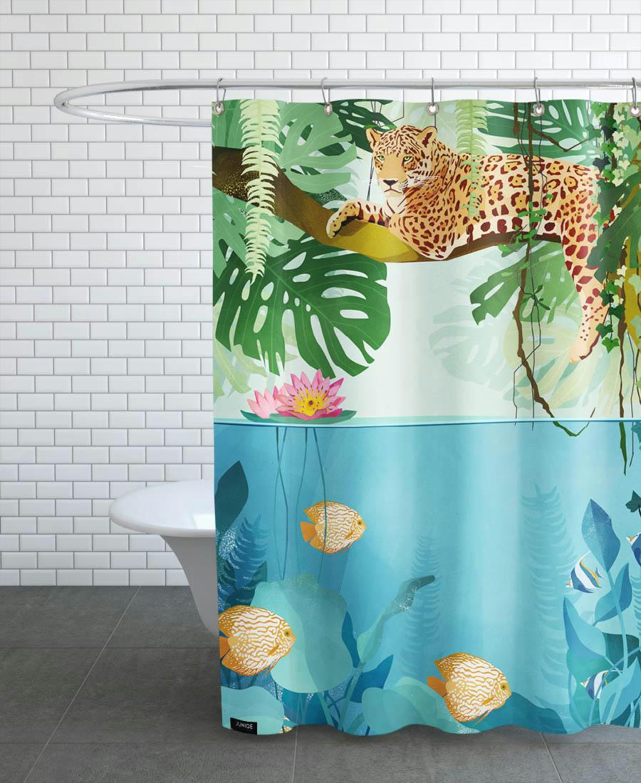 WELCOME TO THE JUNGLE - Rideau de douche en polyester en turquoise & vert 150x200