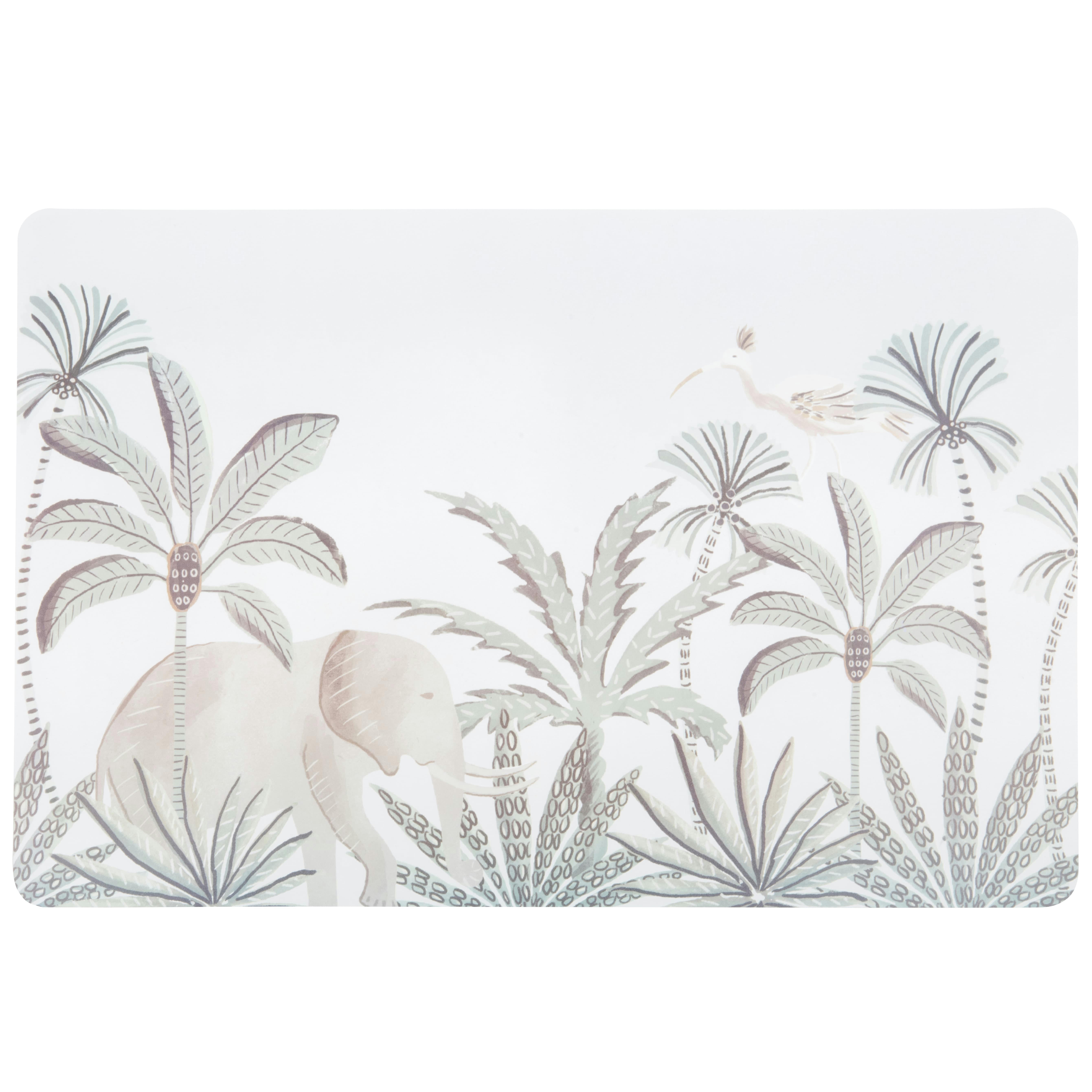 SALOUGA - Set de table motifs palmiers verts et éléphant grège