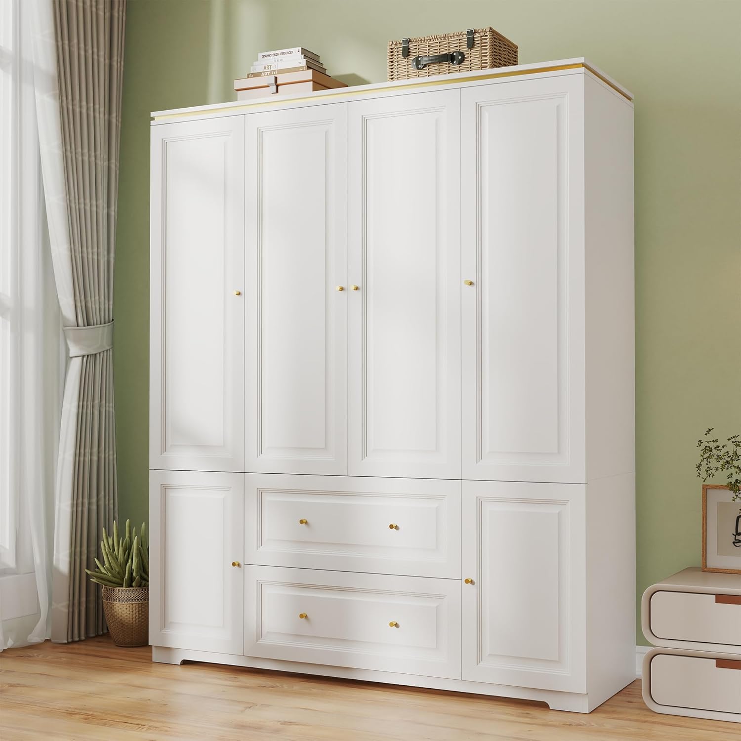 Armoire Wardrobe Closet with Drawers: Large White Wardrobe Closet with 4 Doors and 2 Drawers, Wooden Bedroom Armoires Storage Cabinet with Hanging Rod and Shelves (59)