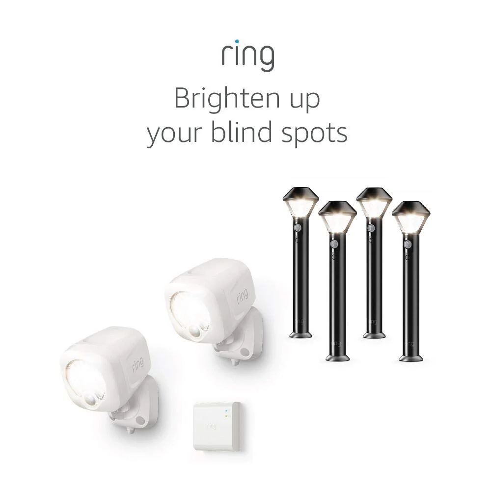 Ring Smart Lighting �C Spotlight, Battery-Powered, Outdoor Motion-Sensor Security Light, White (Starter Kit: 2-pack) �C Bundle with 4 Pathlights(Black/2 Spotlights + 4 Pathlights + Bridge)