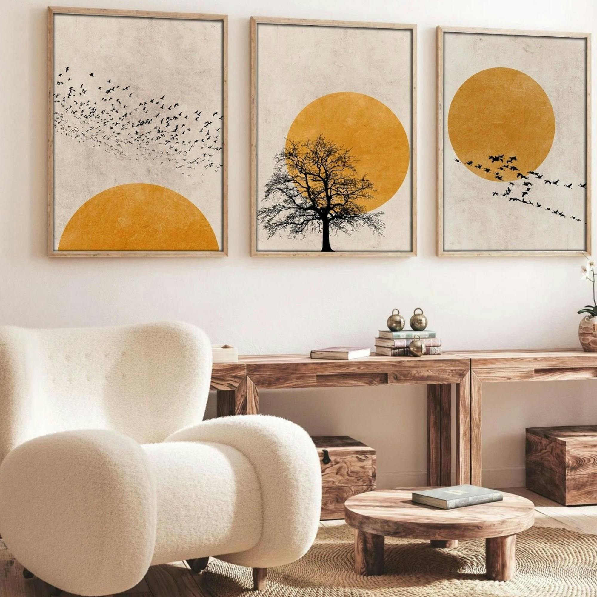 Tableau nature stylisée – soleil et oiseaux (lot de 3)