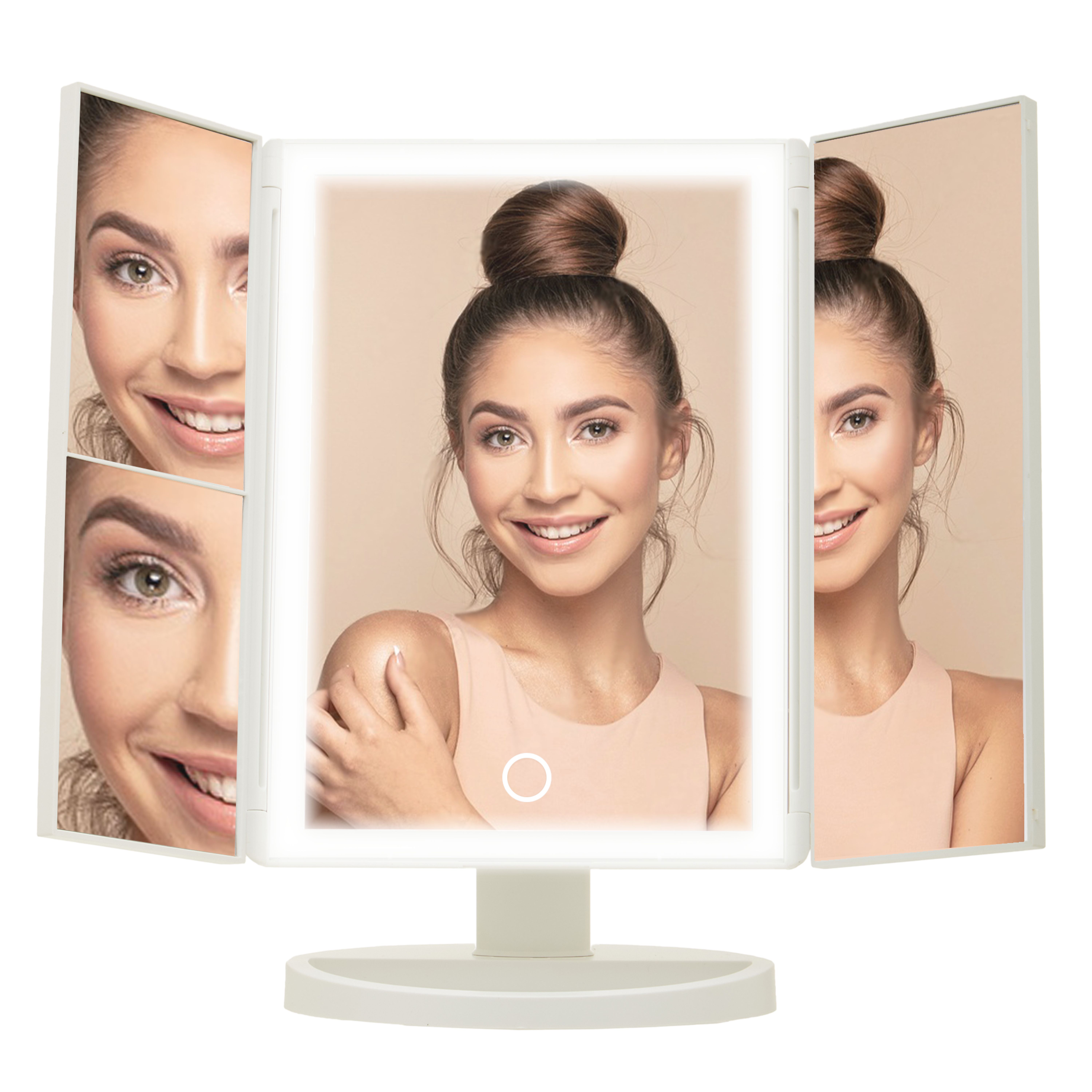 Orsina 180 Degree Rotatable Tri Fold White Table Mirror, TriFold Design Table Mirror, Versatile Small Table Mirror