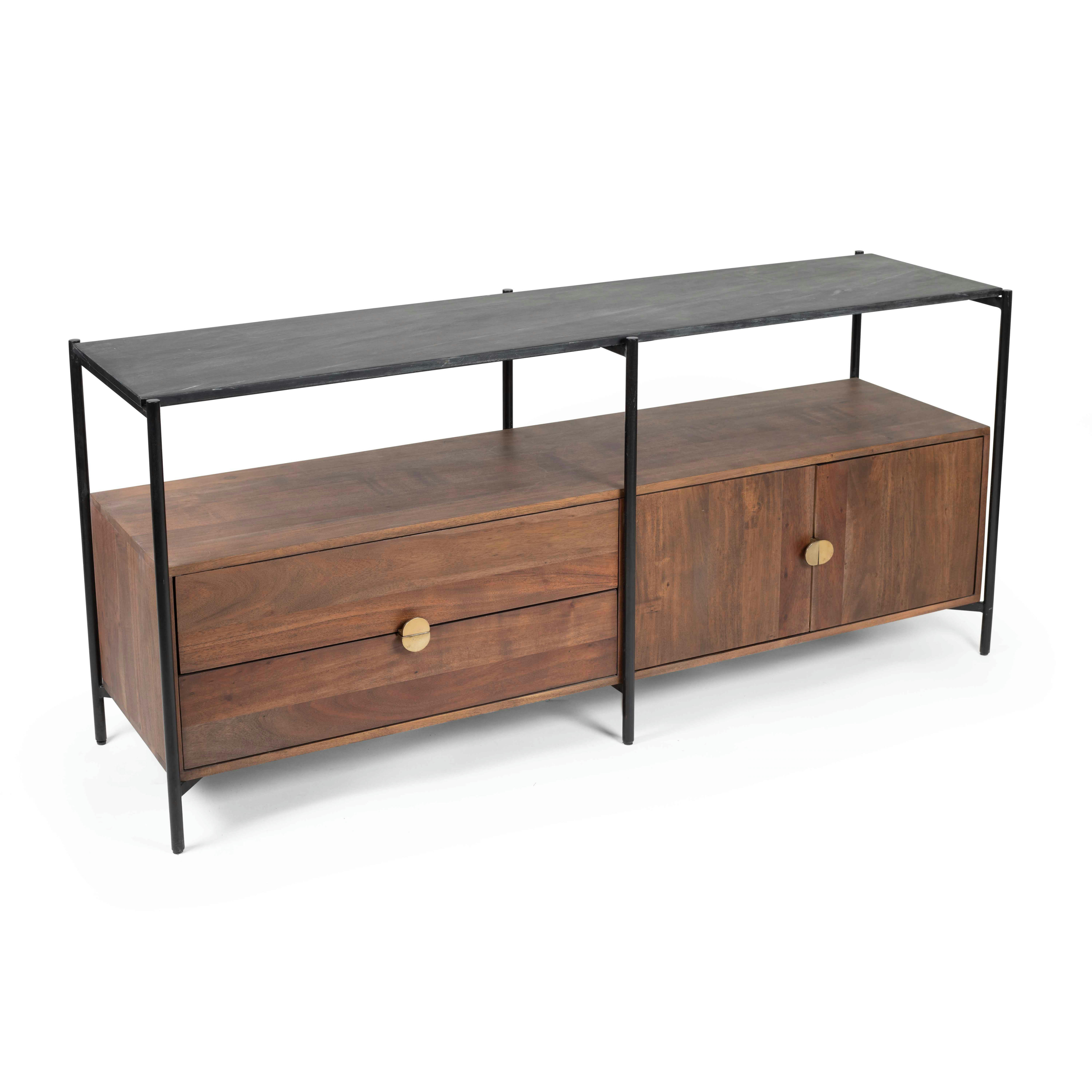 MONA - Meuble TV en marbre avec rangement en acacia massif 152 cm