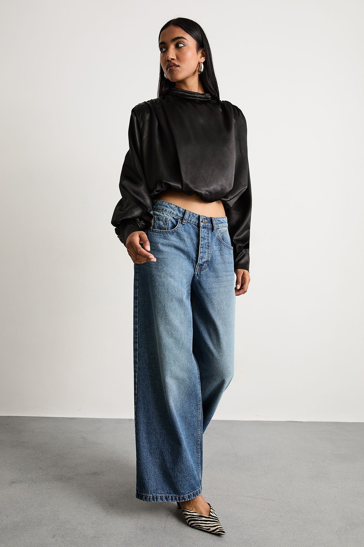 Warehouse Extreme Shoulder Draped Satin Blouse