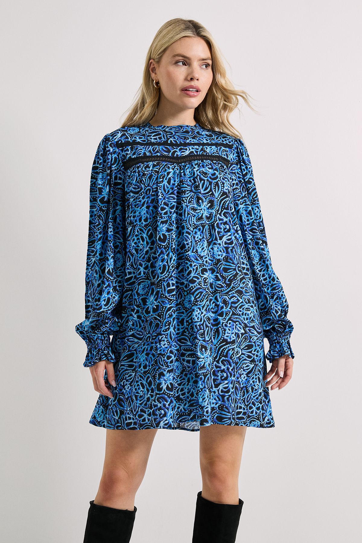 Dorothy Perkins Lace Blue Floral Detail Printed Boho Mini Dress
