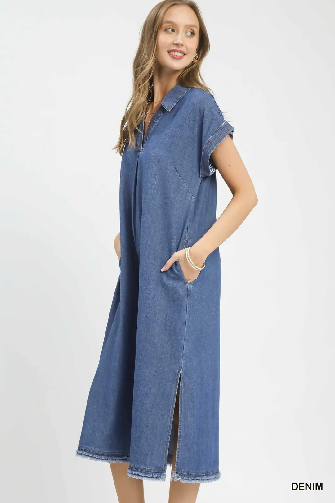 Stone Washed Collared Denim Midi Dress