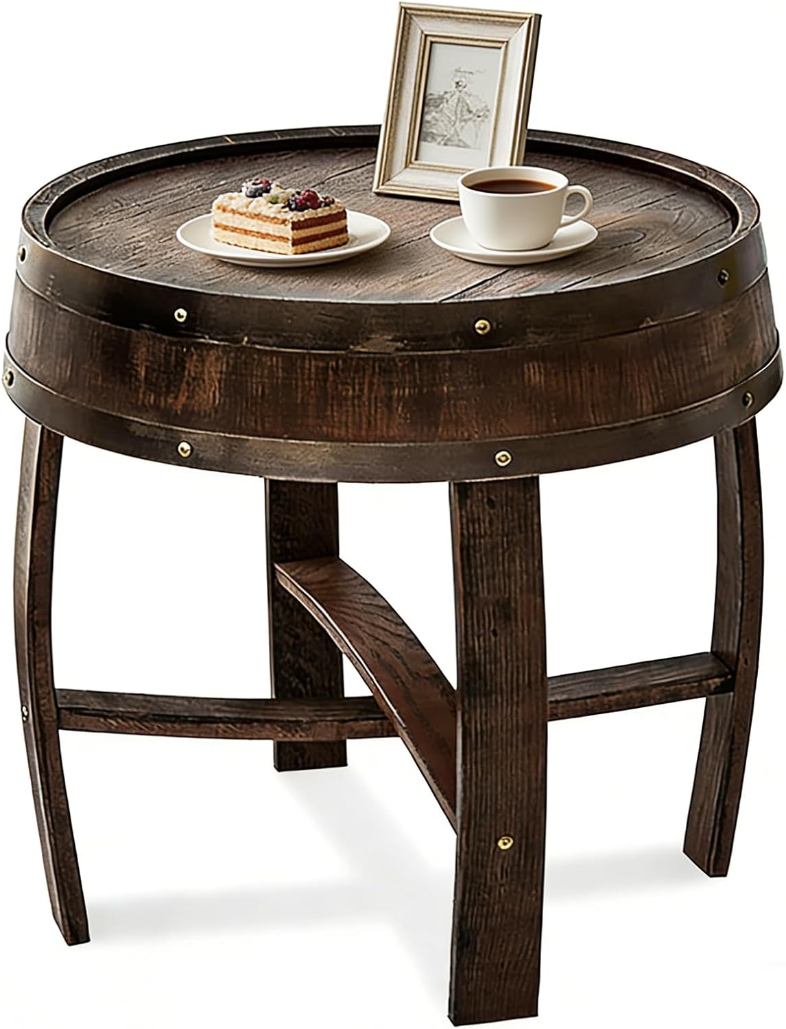 Whiskey Barrel Table, Rustic Wine Barrel End Table, Handcrafted Round Wooden Bourbon Coffee Desk for Vintage Wine Bar and Home Décor