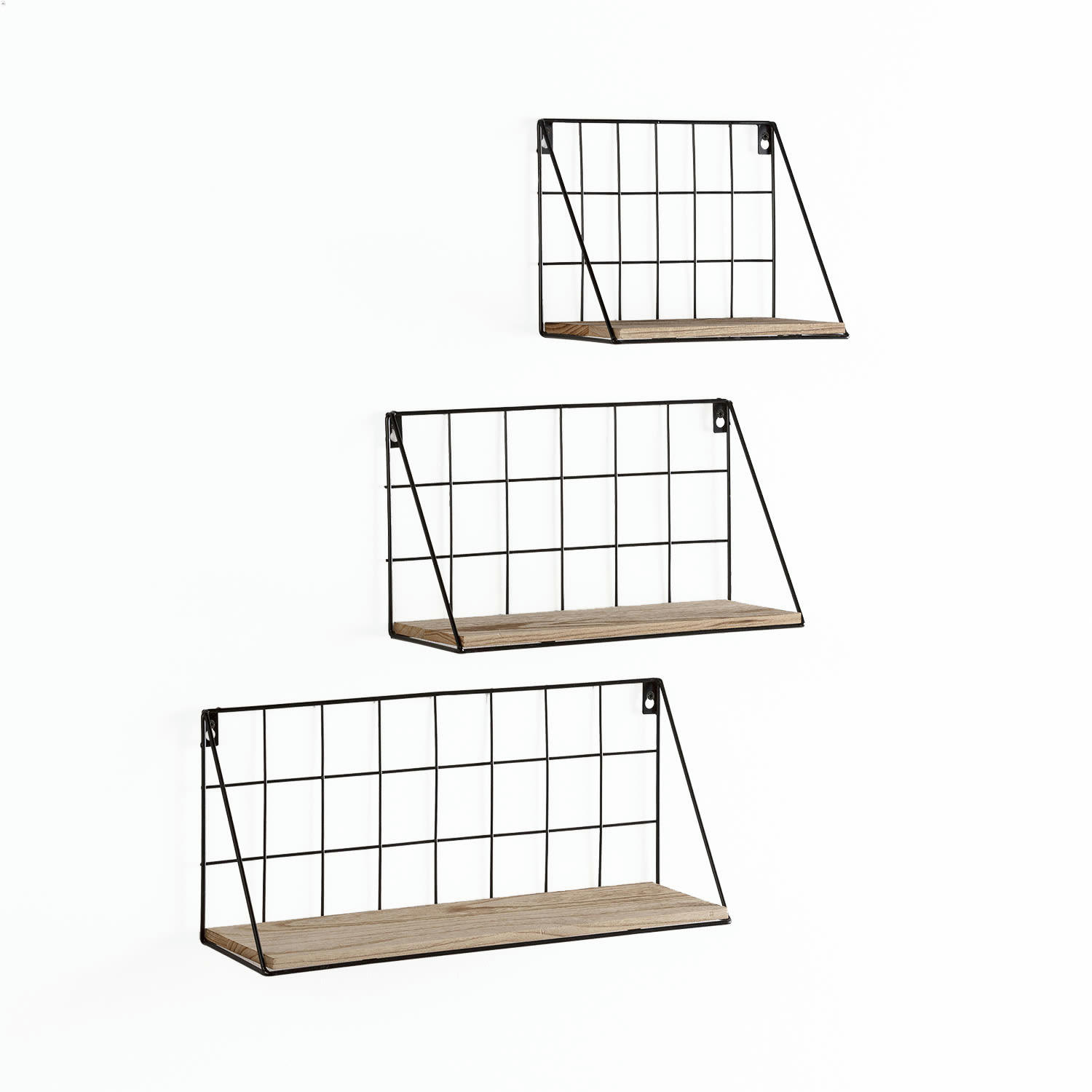 AMEDE - Set de 3 étagères murales métal noir et bois paulownia