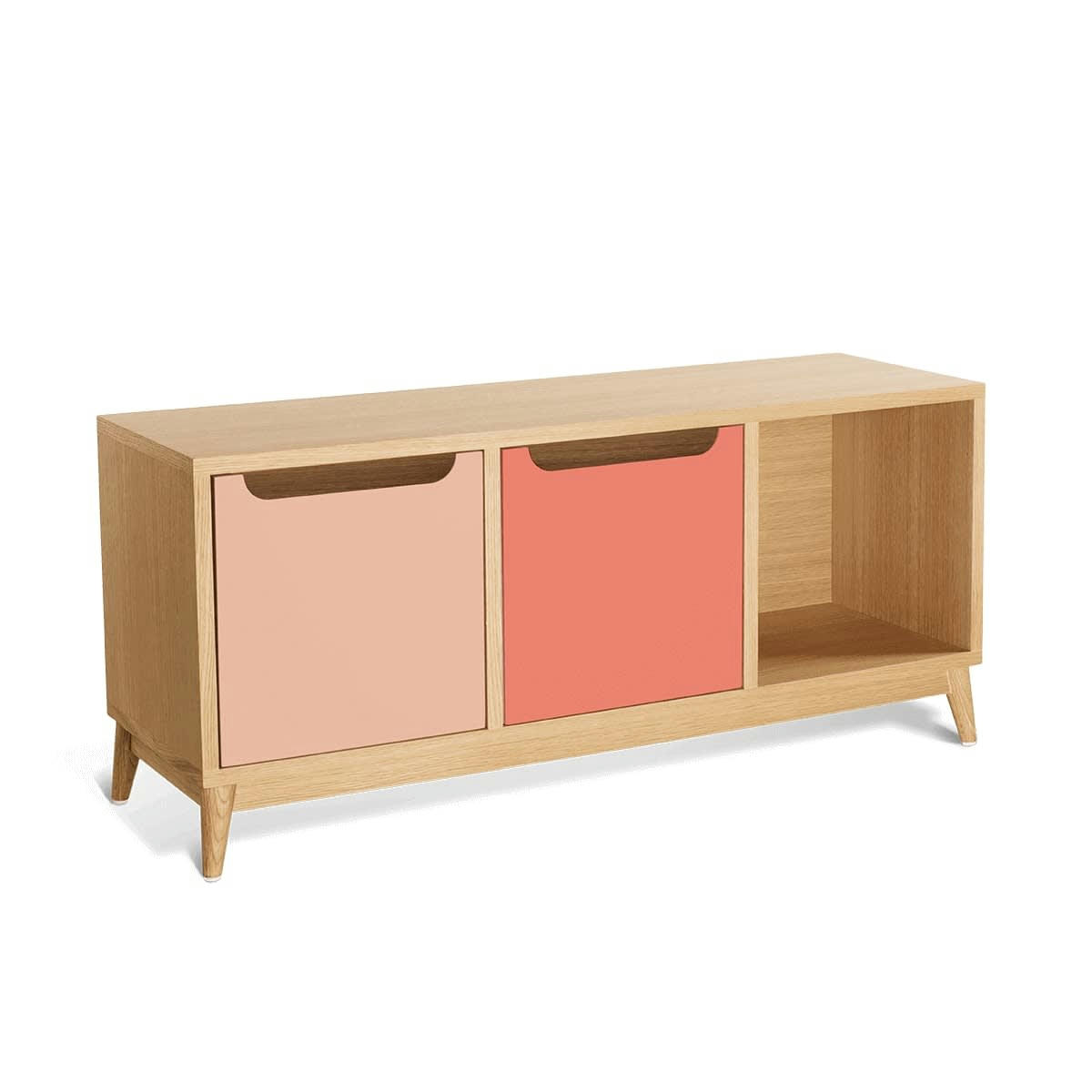 KILT - Meuble bas, 2 portes, 1 niche de rangement, chêne et bicolore rose.