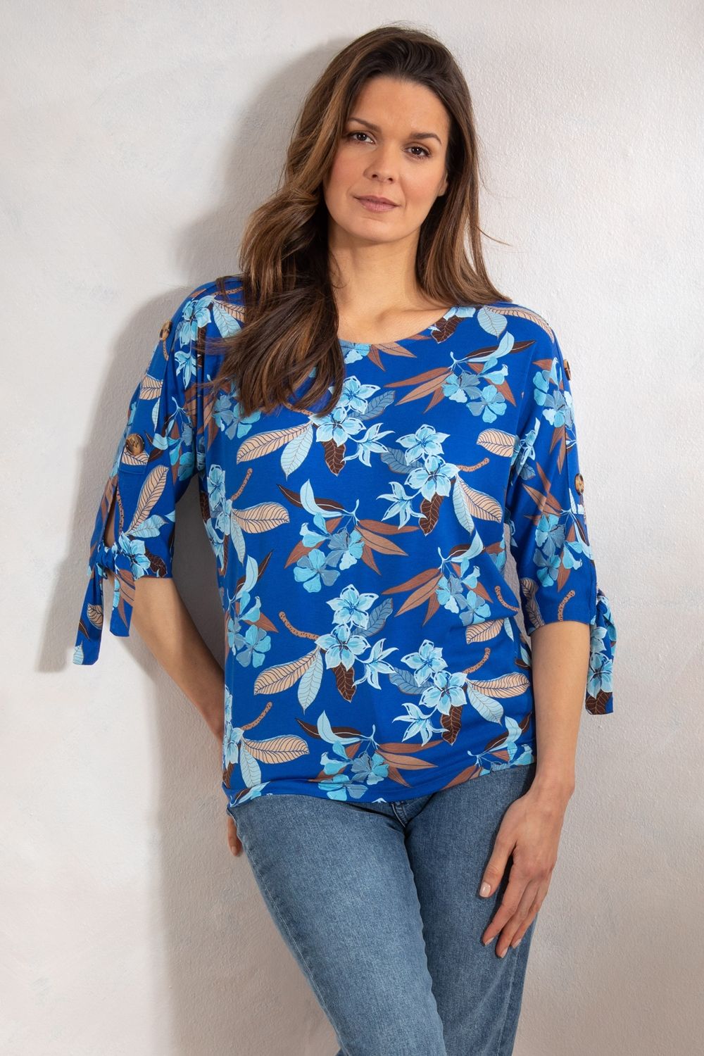 Klass. Tie Cuff Floral Print Jersey Top
