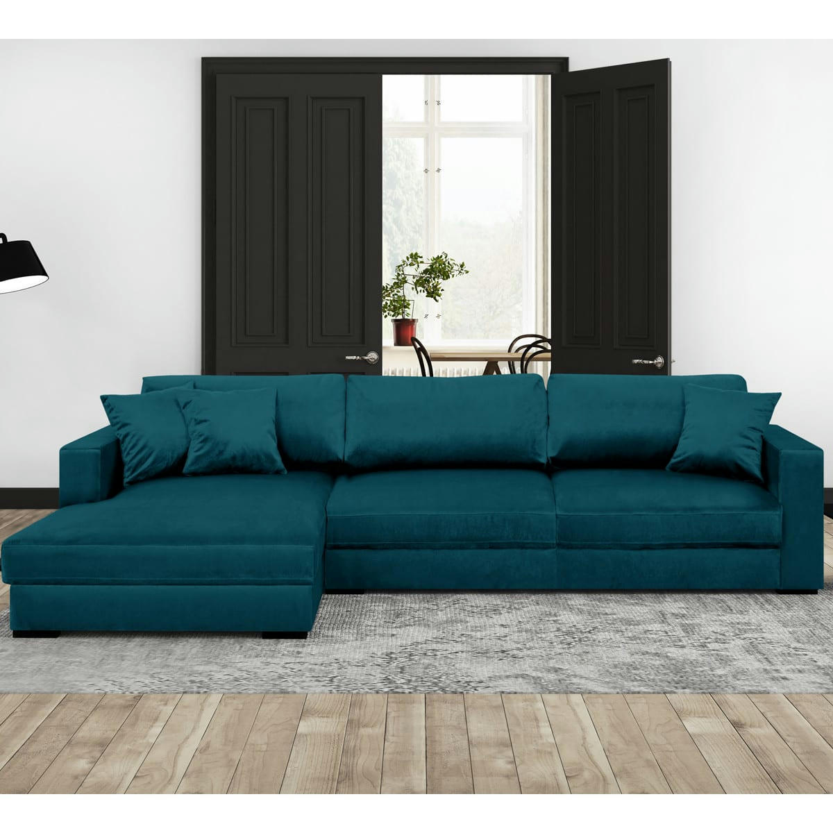 ROBIN - Canapé d'angle gauche convertible 5 places bleu canard avec coffre