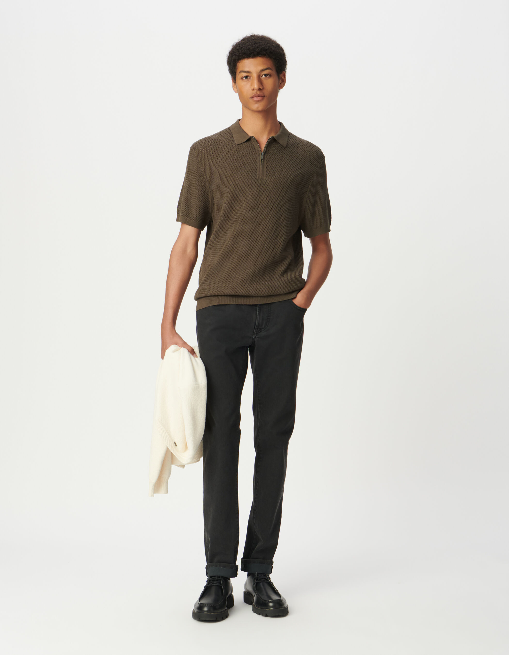 Polo manches courtes kaki tricot ajouré Homme