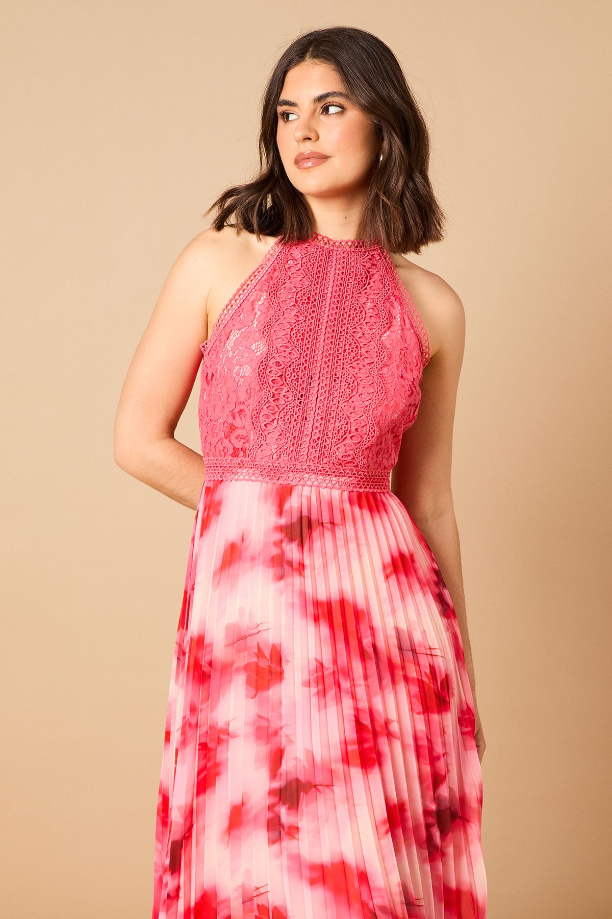 Oasis Printed Lace Mix Halterneck Midi Dress