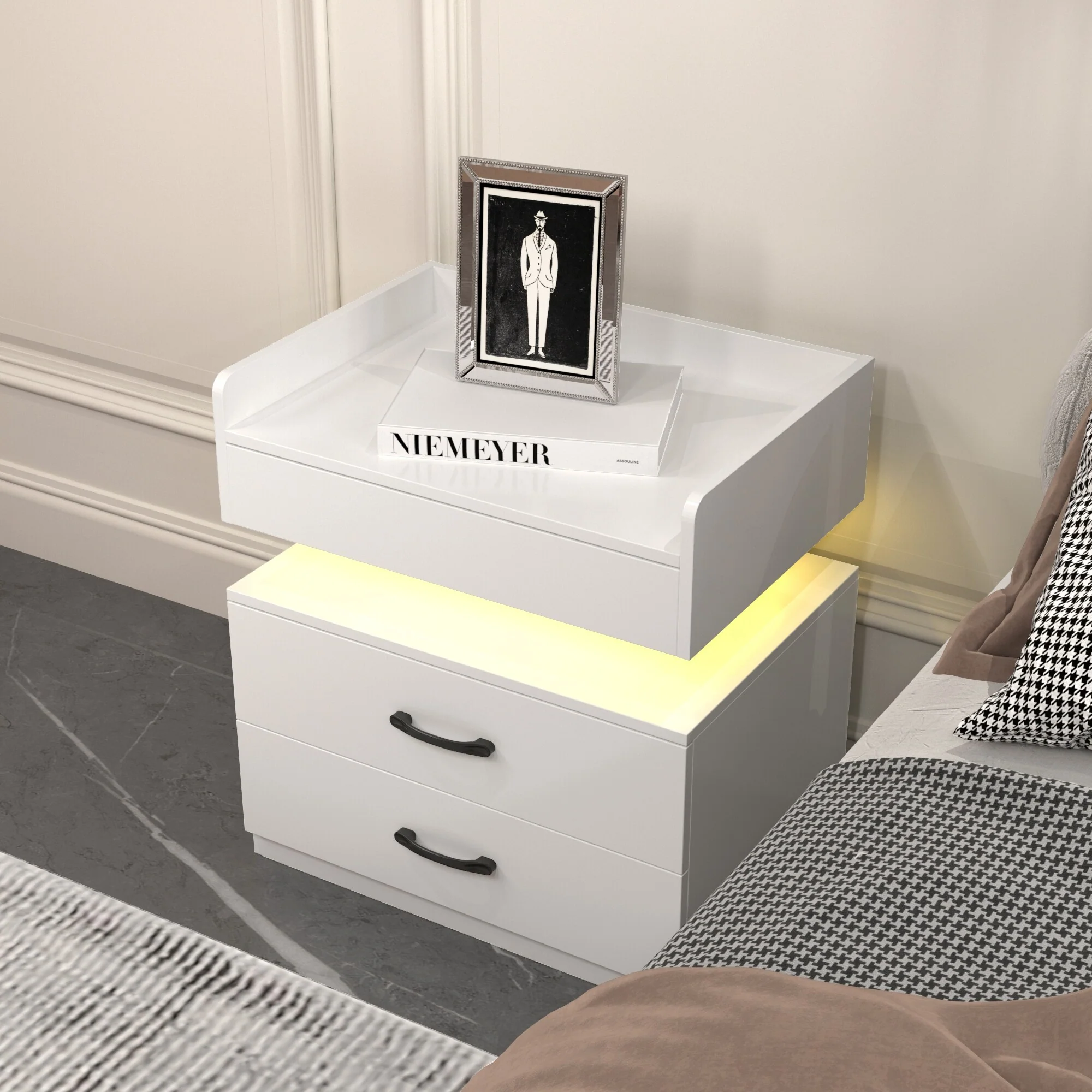 Modern Nightstand with Adjustable LED Strip Light, Large Storage Space Sofa Side Table with 2 Drawers and Open Compartment